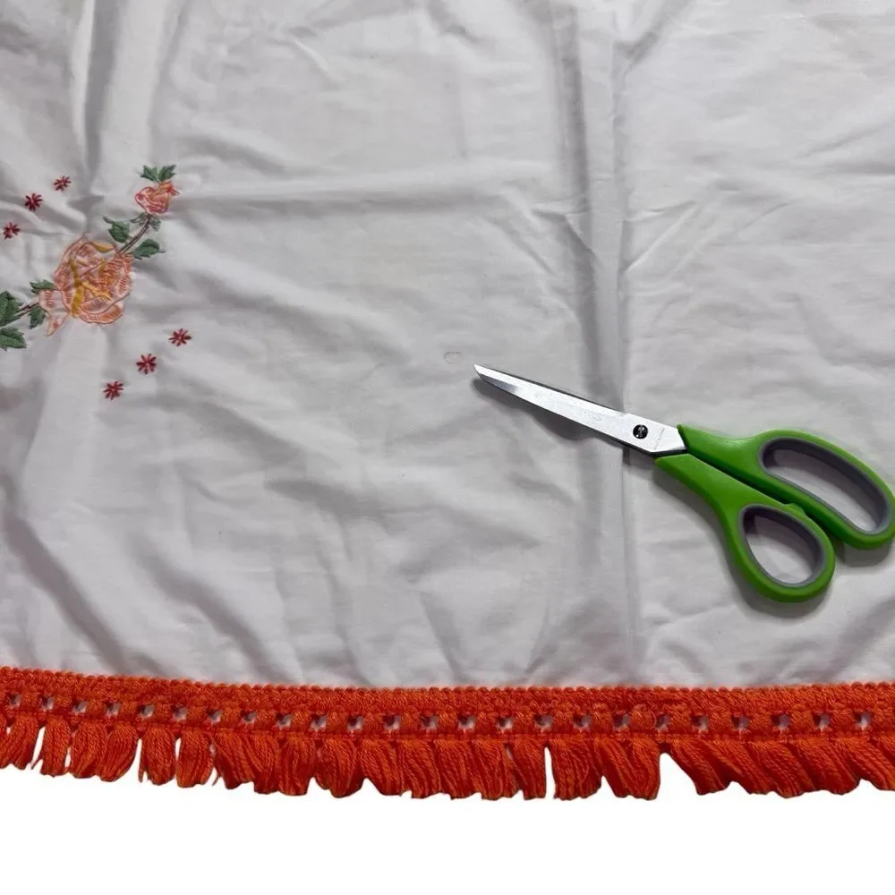 Vintage Hand Embroidered Floral Tablecloth Orange Fringe